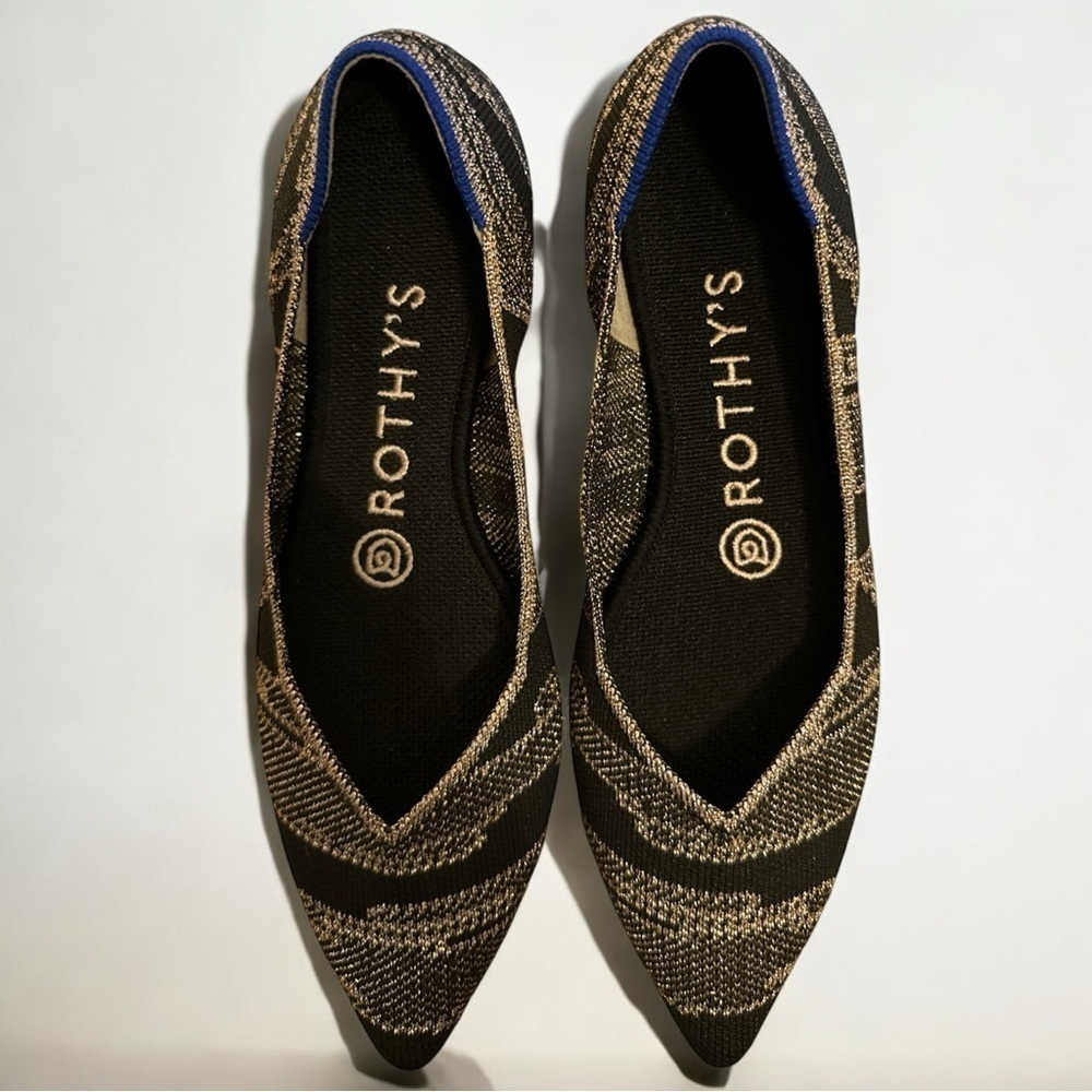 Rothy’s Golden Shimmer Gold Black Pointed Toe Ballet Evening Career Elegant Flat - Picture 4 of 11